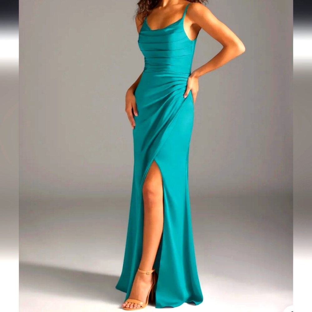 Azazie Deandra Bridesmaid Teal Evening Gown A6